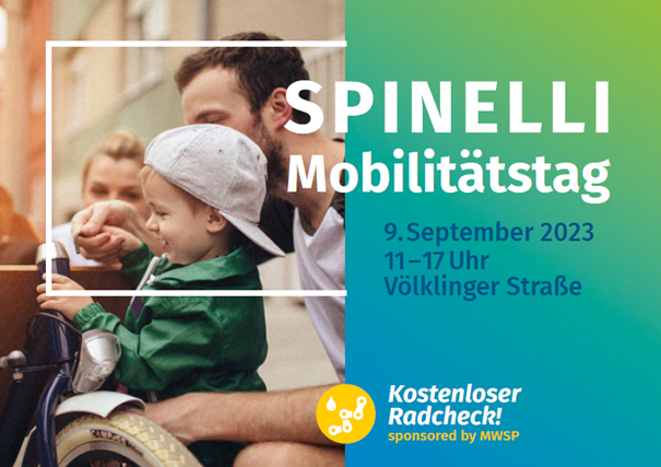 Vater mit Kind und Lastenrad auf dem Plakatmotiv des Spinelli Mobilitätstags.