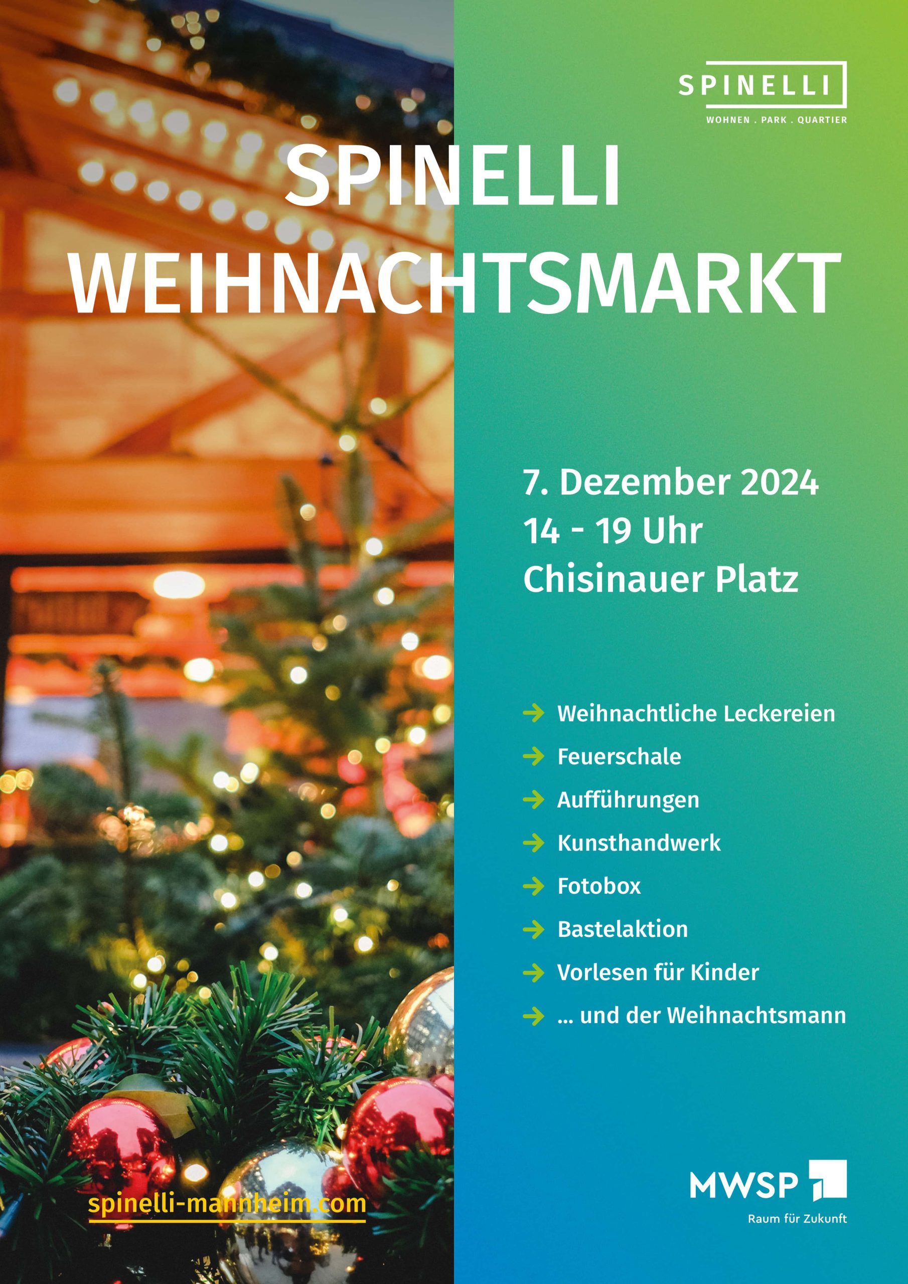 Stimmungsvolles Werbeposter für den SPINELLI Weihnachtsmarkt mit Tannenbäumen und Weihnachtskugeln.