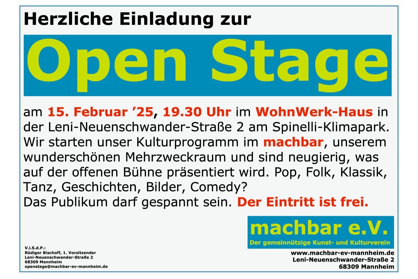 Postkarte mit Veranstaltungsbeschreibung Open Stage.