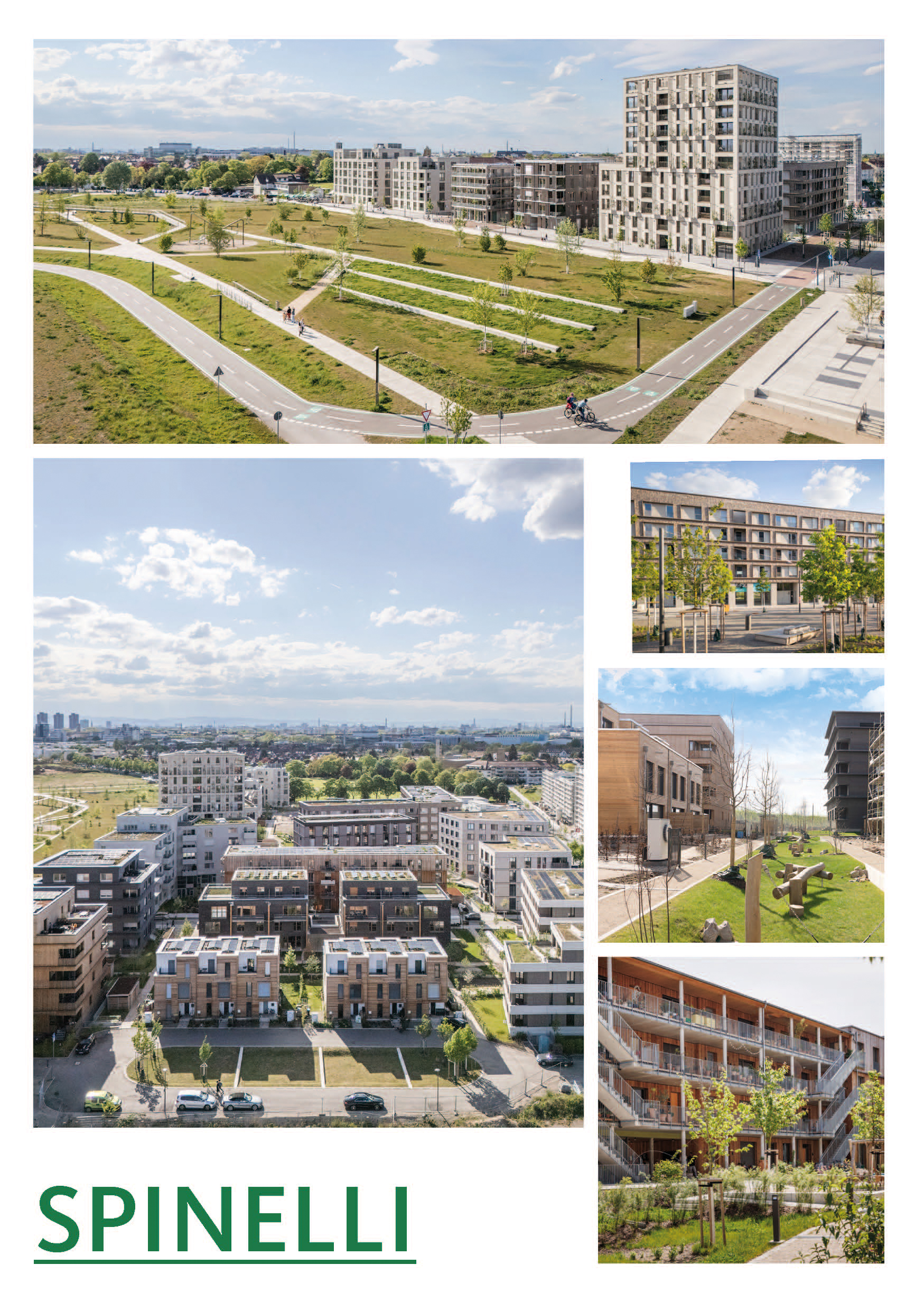 Titelbild der Publikation SPINELLI Flächensteckbrief mit einer Collage von 4 Fotos des SPINELLI Quartiers.