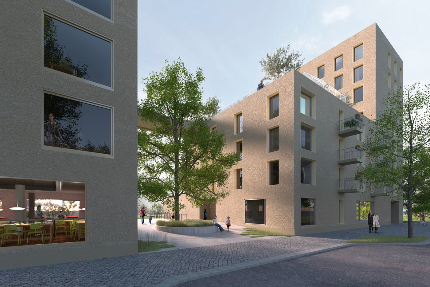 Visualisierung des im Bau befindlichen Wohnprojekts an der Anna-Sammet-Straße mit zwei mehrgeschossigen Häusern die durch eine Brücke verbunden sind. Im Freiraum dazwischen steht ein großer Baum.