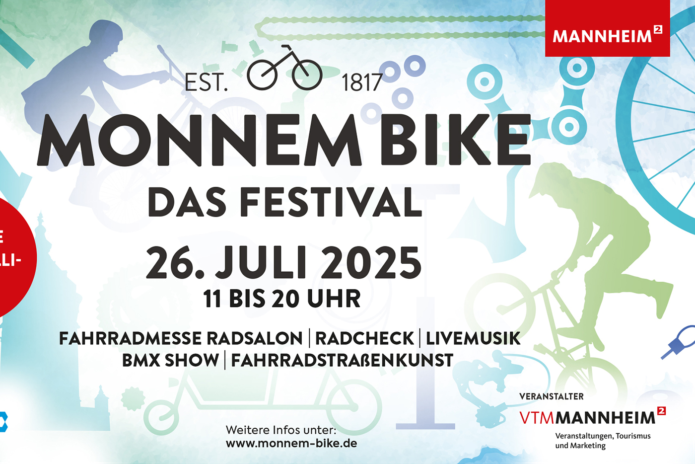 Plakat für die Veranstaltung Monnem Bike, das Festival mit Strichzeichnungen Fahrrädern und Fahrradutensilien.
