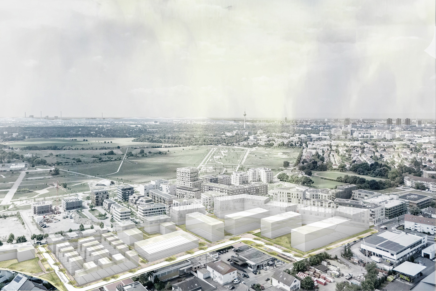 Illustration einer Drohnenaufnahme des SPINELLI Quartiers. Im Vordergrund ist die zukünftige Bebauung mit weißen Rechtecken und Quadraten dargestellt. Im Hintergrund ist die Skyline von Mannheim sichtbar.