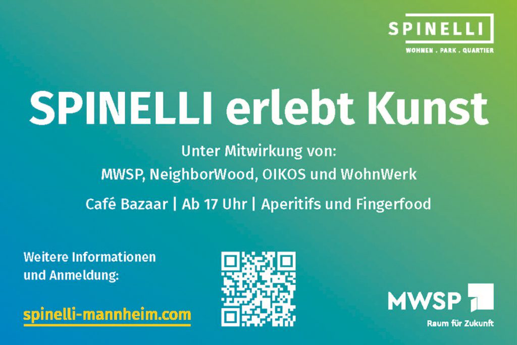 KI-basierte Bildbeschreibung | Werbeflyer für die Veranstaltung "SPINELLI erlebt Kunst", mit Mitwirkenden, Veranstaltungsdetails, QR-Code, Website-Link und Veranstalterlogos auf grünem Hintergrund mit Farbverlauf.