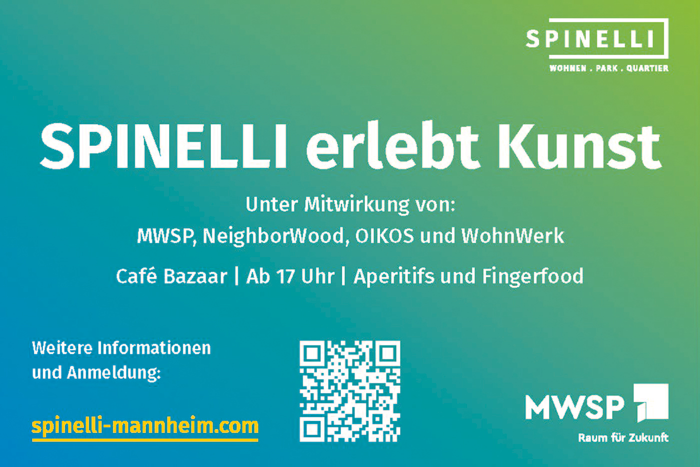 KI-basierte Bildbeschreibung | Werbeflyer für die Veranstaltung "SPINELLI erlebt Kunst", mit Mitwirkenden, Veranstaltungsdetails, QR-Code, Website-Link und Veranstalterlogos auf grünem Hintergrund mit Farbverlauf.