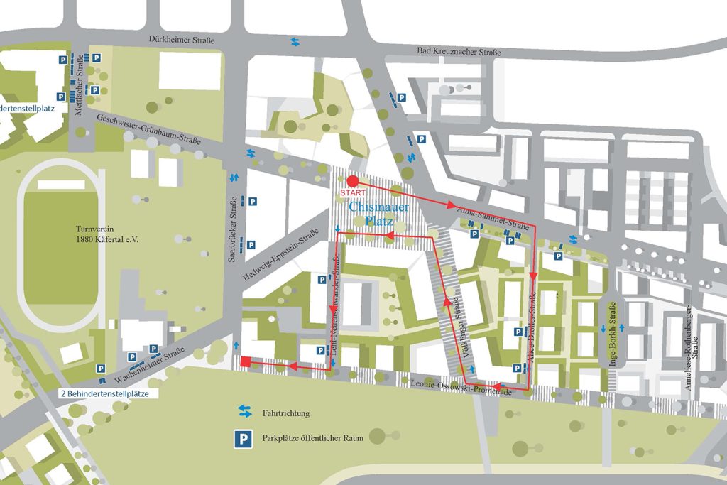 KI-basierte Bildbeschreibung | Karte mit einer markierten Laufroute, die am Chisinauer Platz beginnt und endet und über Straßen und Parkplätze führt, mit Symbolen für Parkplätze und zugängliche Stellen.