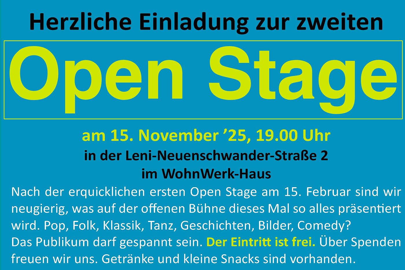 KI-basierte Bildbeschreibung | Deutsche Veranstaltungseinladung: Open Stage am 15. November 2025, 19:00 Uhr, Leni-Neuenschwander-Straße 2. Eintritt frei, verschiedene Termine und vielfältige Auftritte, Spenden willkommen.