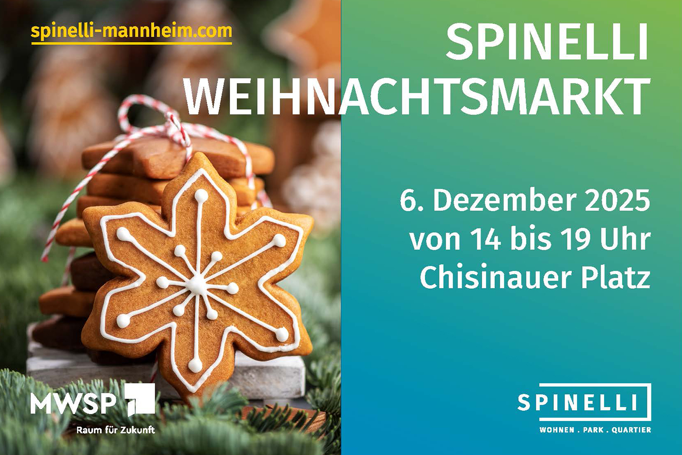 KI-basierte Bildbeschreibung | Ein sternförmiges Lebkuchengebäck mit weißem Zuckerguss steht im Mittelpunkt; der Text kündigt den Spinelli-Weihnachtsmarkt an - einen der festlichen Termine am 6. Dezember 2025 von 14 bis 19 Uhr auf dem Chisinauer Platz.