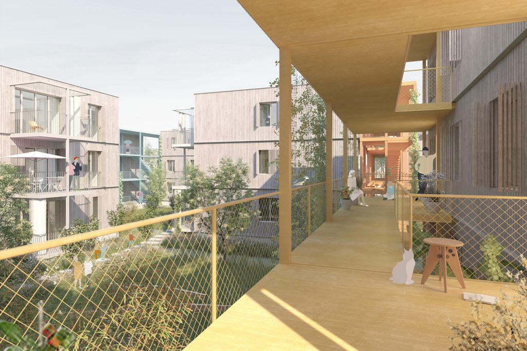 KI-basierte Bildbeschreibung | Ein moderner Wohnkomplex verfügt über Holzstege, Geländer und Balkone mit Blick auf grüne Höfe mit Bäumen und Pflanzen.
