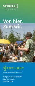 KI-basierte Bildbeschreibung | Menschen auf einer Marktveranstaltung im Freien; ein Mann mit Hut steht im Vordergrund mit Speisen und Getränken. Der Text wirbt für Gemeinschaftsaktivitäten im Spinelli-Viertel und einen Frühjahrsputz im März 2026.