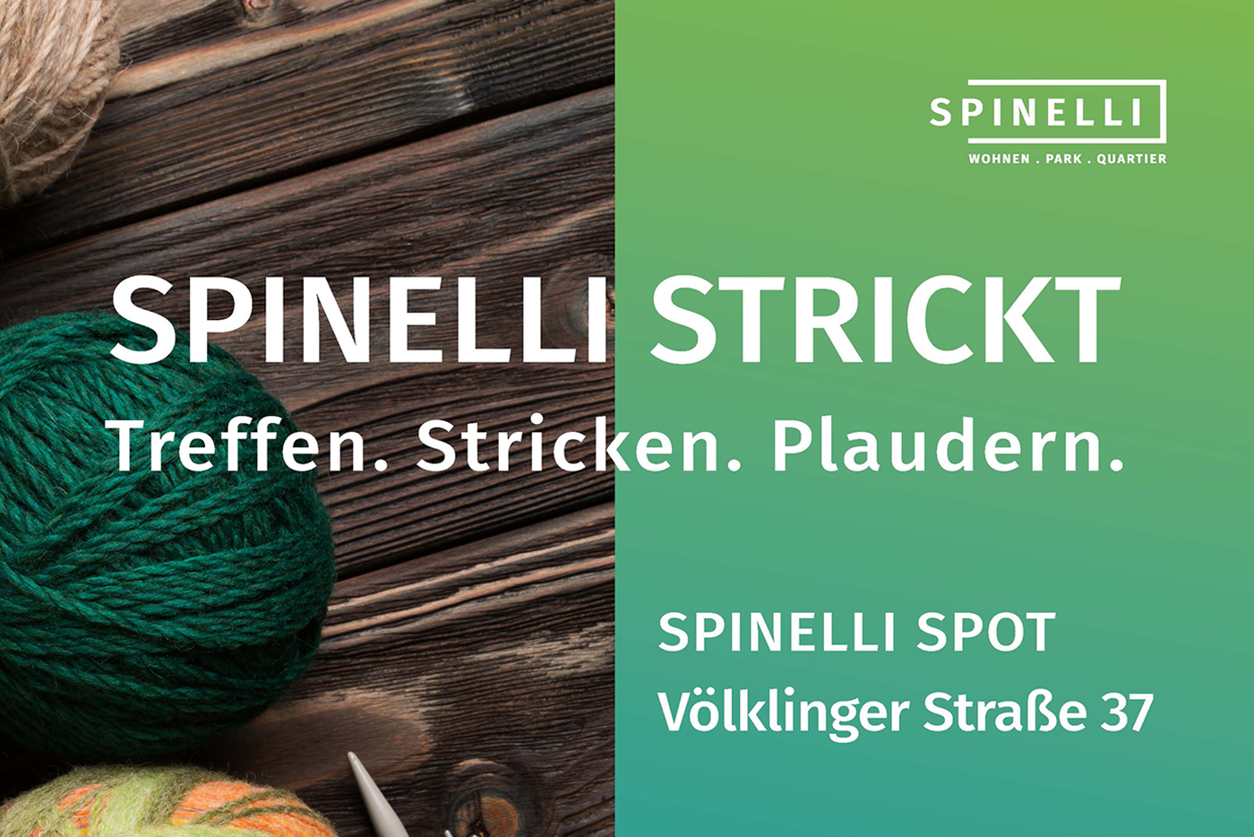 KI-basierte Bildbeschreibung | Grün-weißer Flyer für das Stricktreffen "Spinelli Strickt", mit Garnkugeln, Stricknadeln und Veranstaltungshinweisen im Spinelli Spot, Völklinger Straße 37.