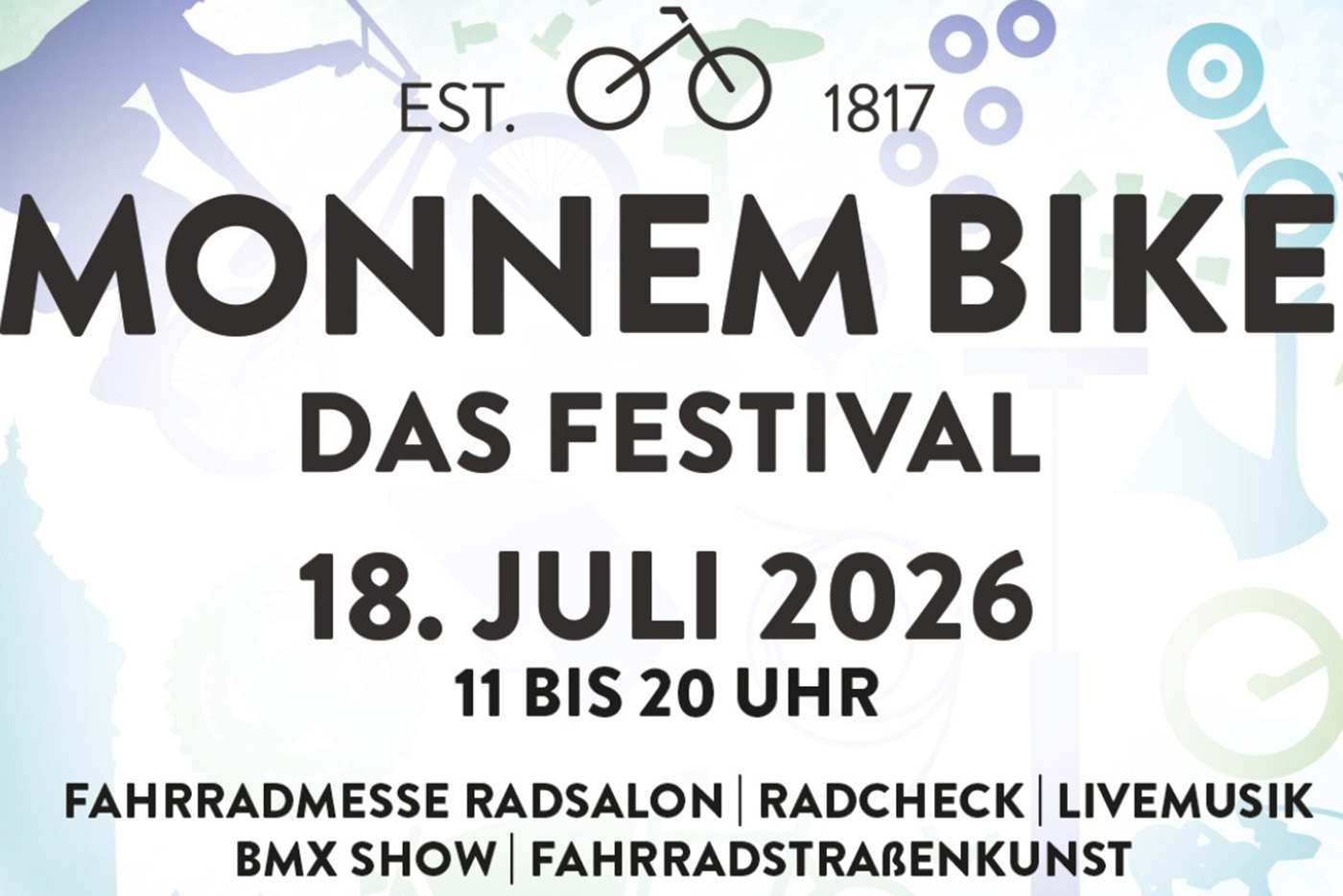KI-basierte Bildbeschreibung | Veranstaltungsplakat für das „Monnem Bike Das Festival“: Merkt euch den Termin vor – 18. Juli 2026, von 11 bis 20 Uhr. Freut euch auf eine Fahrradmesse, Live-Musik, eine BMX-Show und farbenfrohe Street-Art.
